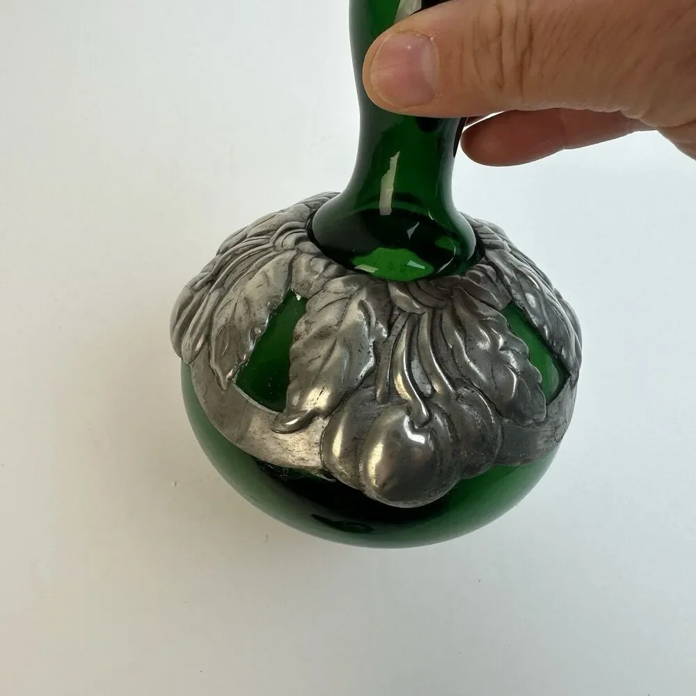 Green Genie Bottle Decanter 2 Glasses Pewter Cherry Overlay MCM Barware Vintage